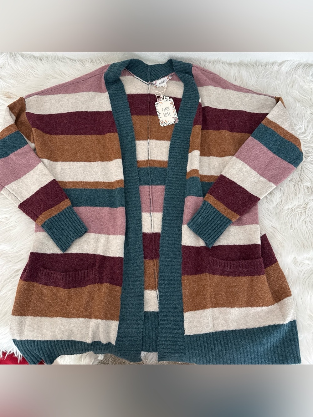 Pink Rose Striped Open Cardigan Sweater - Cream, Pink, Burgundy, Teal, Brown